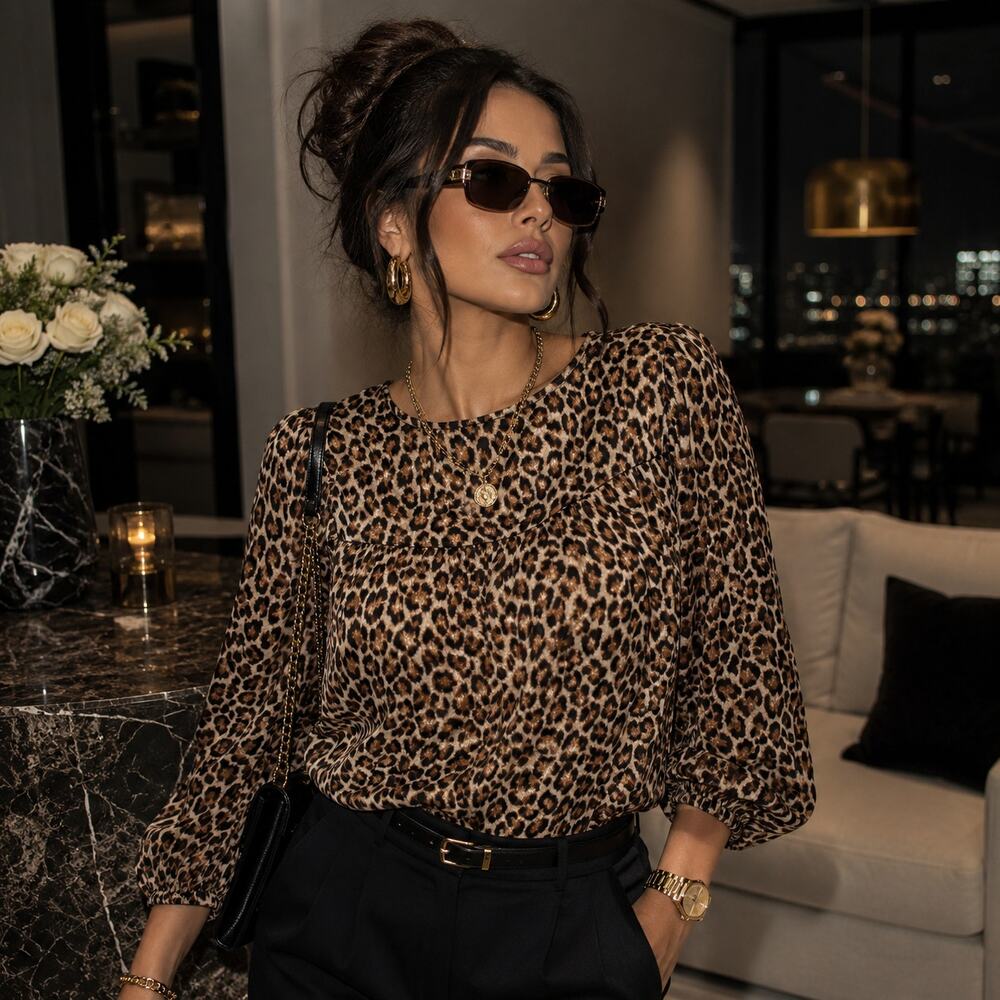 Everly Leopard Print Womens Top Sz M Mob Wife Quiet Luxury Balloon Sleeve Glam